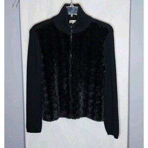 Parkhurst Faux Fur Cardigan Sweater Sz S Black Full Zip Mixed Media Heavyweight